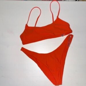 Orange two piece bathing suit.